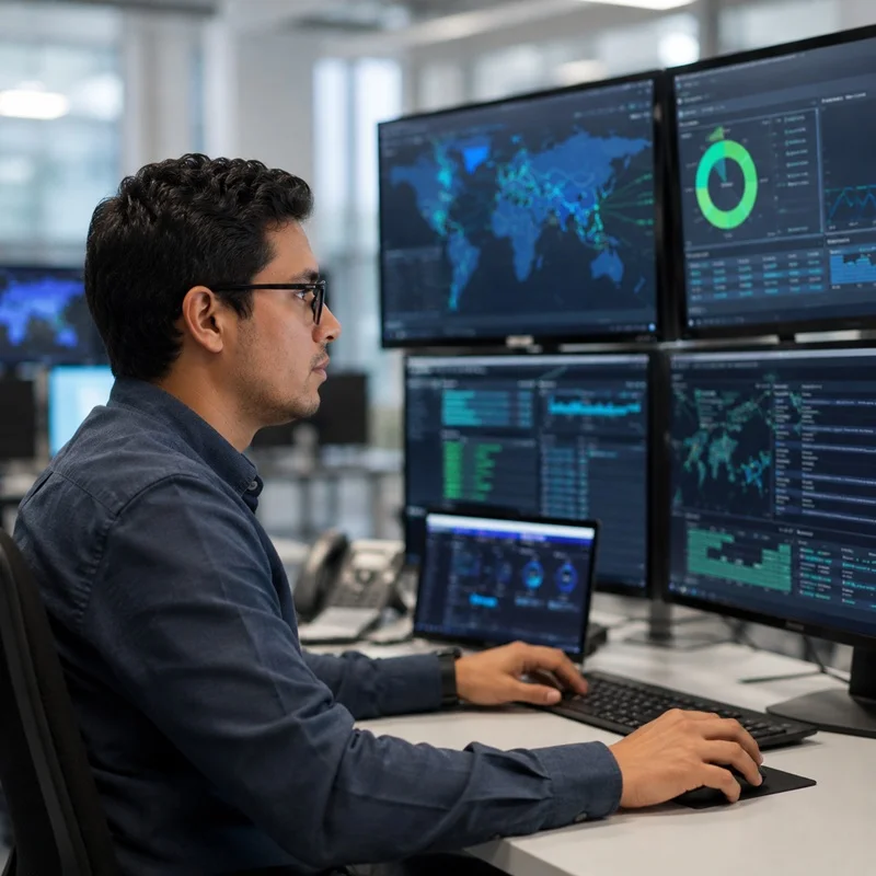 Especialista en ciberseguridad monitoreando seguridad informática para empresas — CHEK Soluciones Digitales