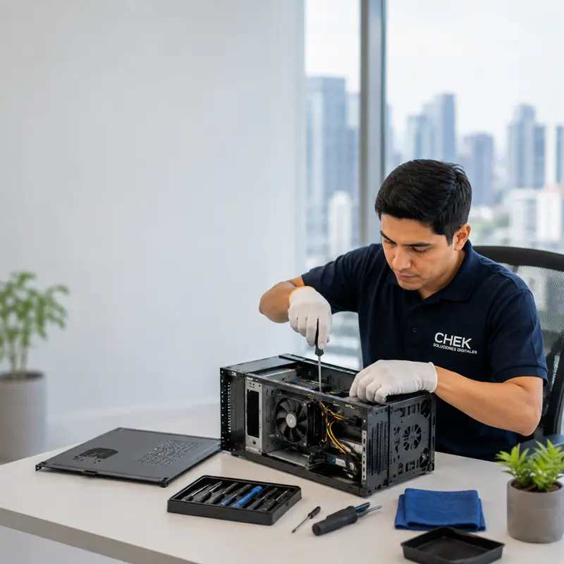 Técnico de soporte dando mantenimiento a computadora en Lima — CHEK Soluciones Digitales