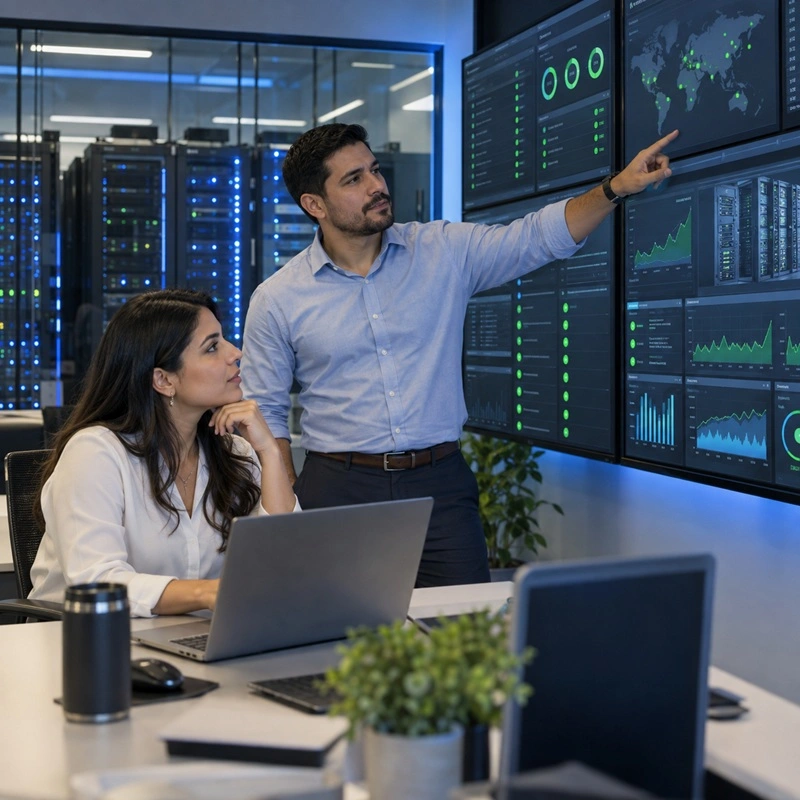 Especialistas de TI monitoreando sistemas y servidores en una empresa de Lima — CHEK Soluciones Digitales